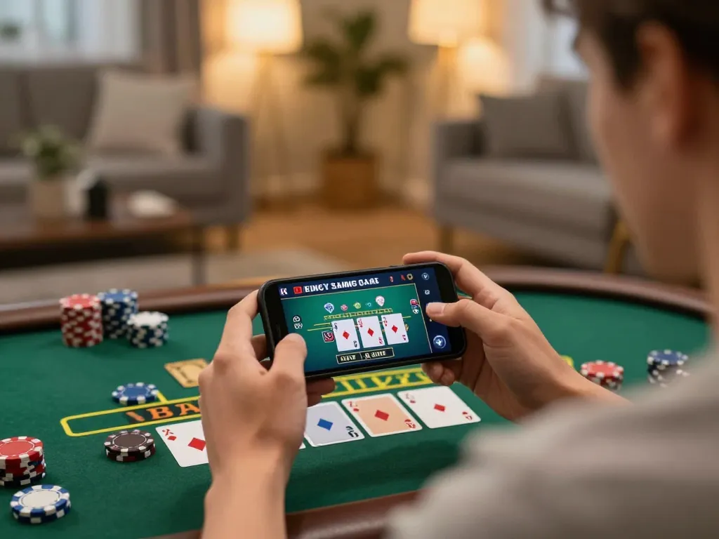 Engaging live casino action on smartphone while playing Baccarat at home, showcasing the Casino experience.