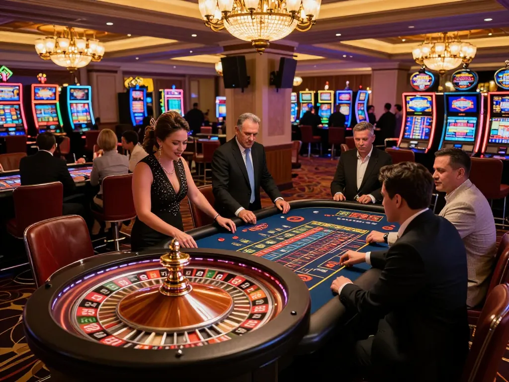 Players engage at a roulette table in an IWIN casino environment, chips placed and croupier spinning wheel