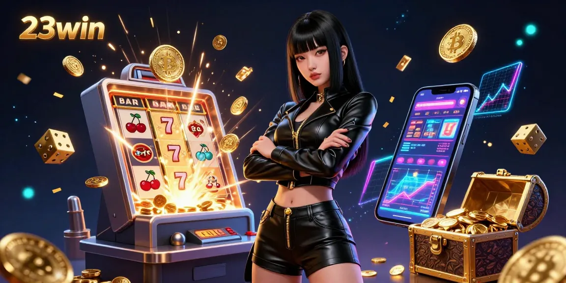 Engage in thrilling gaming at 23win with a captivating digital illustration showcasing casino excitement and jackpots.