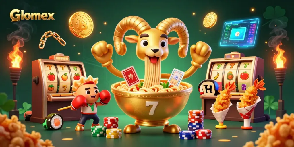 Engage with Glomex casino games through dynamic characters and vibrant slot elements in this lively illustration.