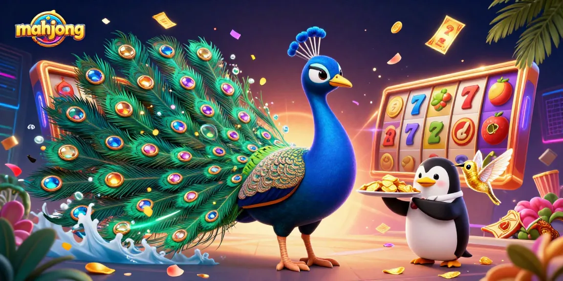 Engage in mahjong slot action with vibrant 3D illustration of a peacock, penguin, and hummingbird.