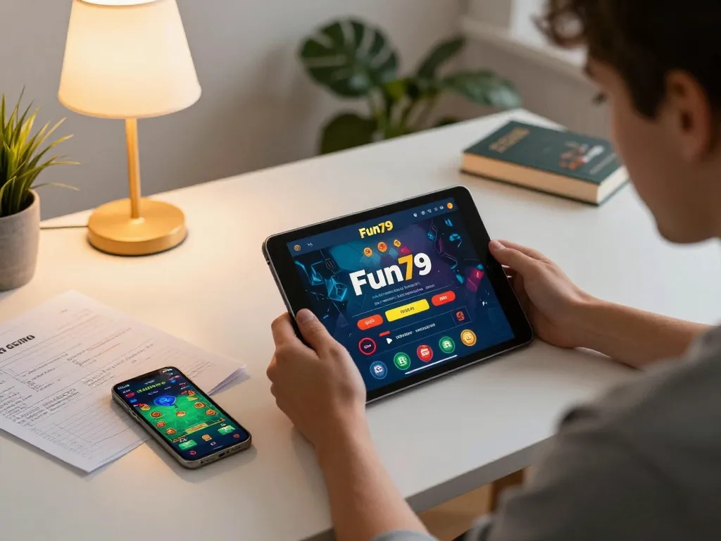 Engaged player exploring trang chủ fun79 on a tablet, showcasing online betting strategy with a warm atmosphere