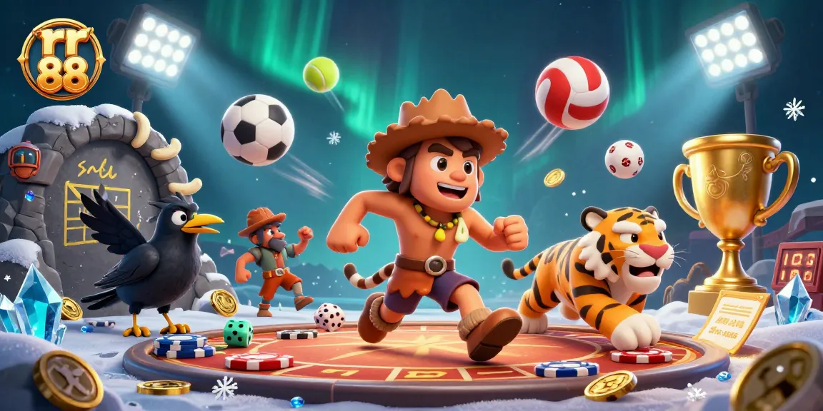 Engage with rr 88 in a vibrant 3D illustration showcasing a prehistoric casino with dynamic sports elements.