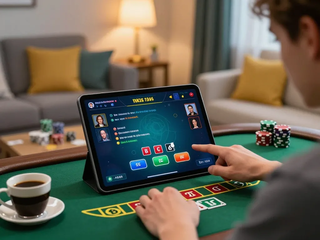 Engaging in online blackjack gameplay at home with dinamit4d on a tablet, showcasing a lively atmosphere.