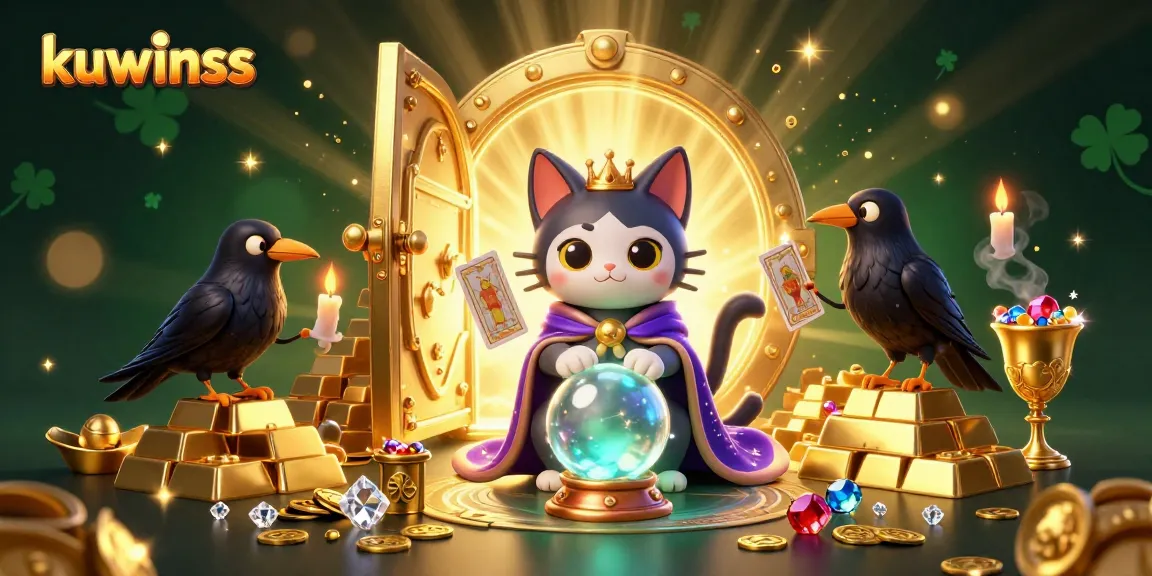 Kuwinss showcases a colorful scene with a fortune teller cat and a raven amid glowing treasures, embodying vibrant gambling excitement.