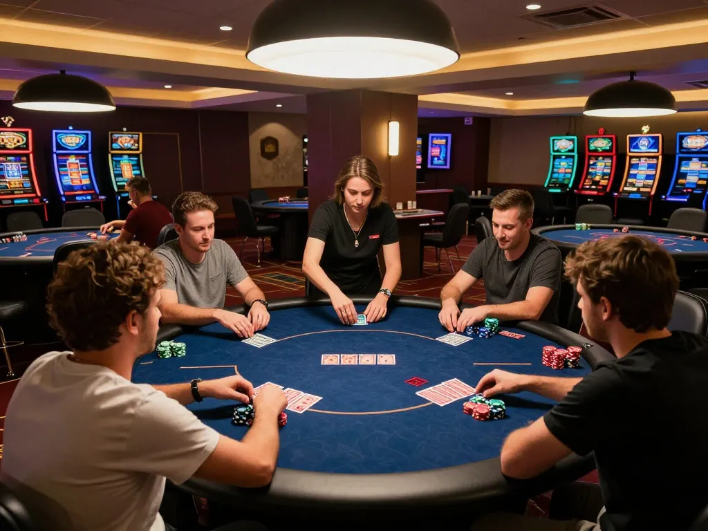 Fun88 players engaging in a strategic poker game at a modern casino table with vibrant lighting.