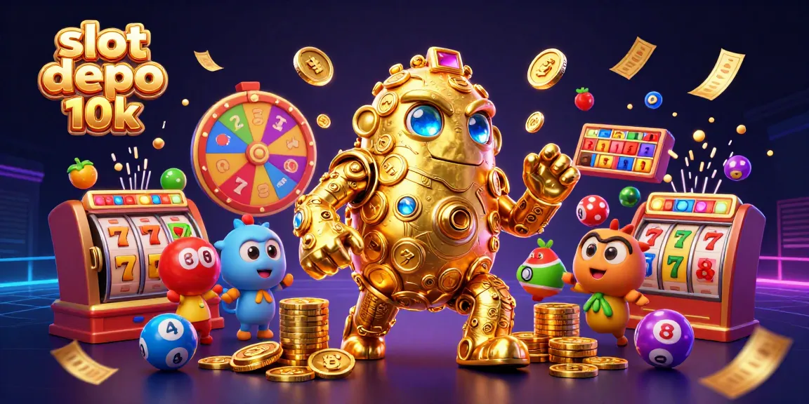 Engage with slot depo 10k through vibrant slot reels and golden golem symbols in a 3D illustration.