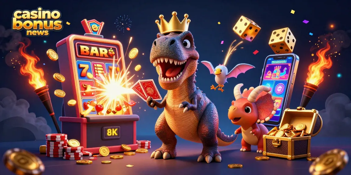 Engaging scene illustrating casino bonus news with characters in a vibrant, fun-filled casino environment.