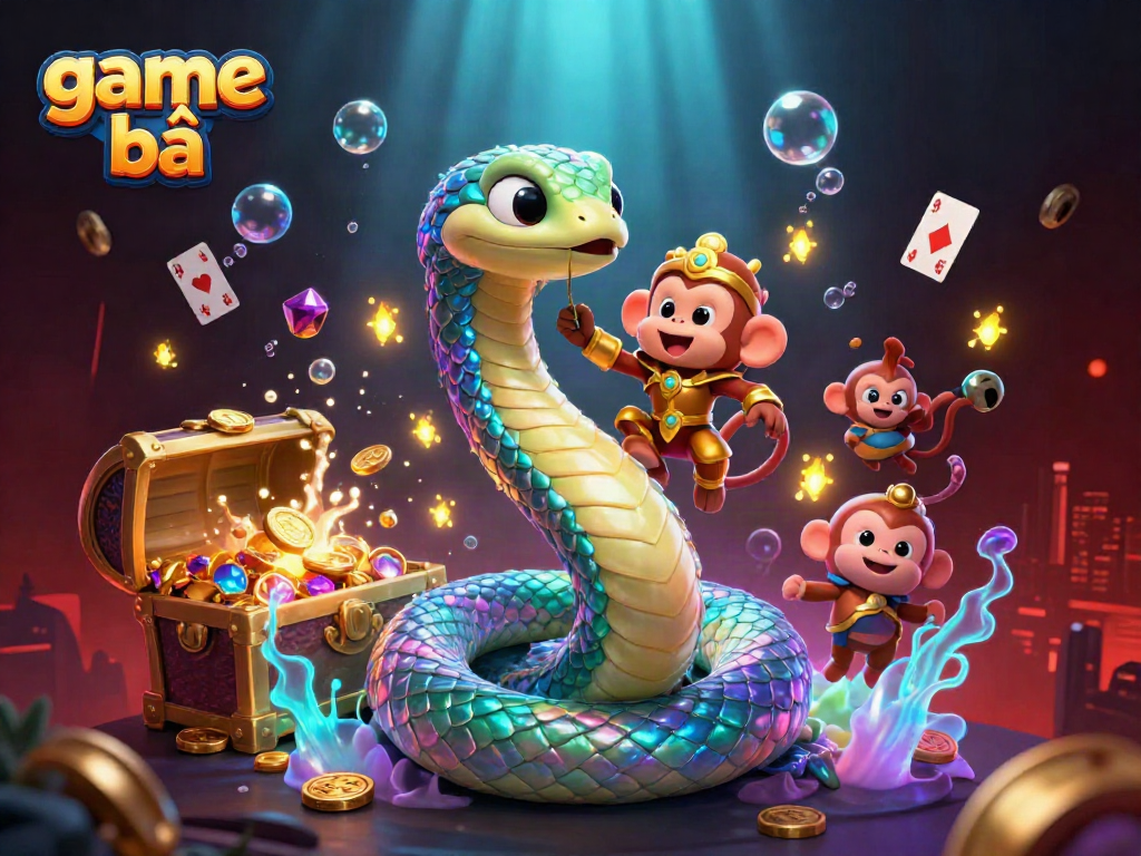Experience thrilling game bài action with a vibrant rainbow serpent and playful monkey in a magical casino scene.