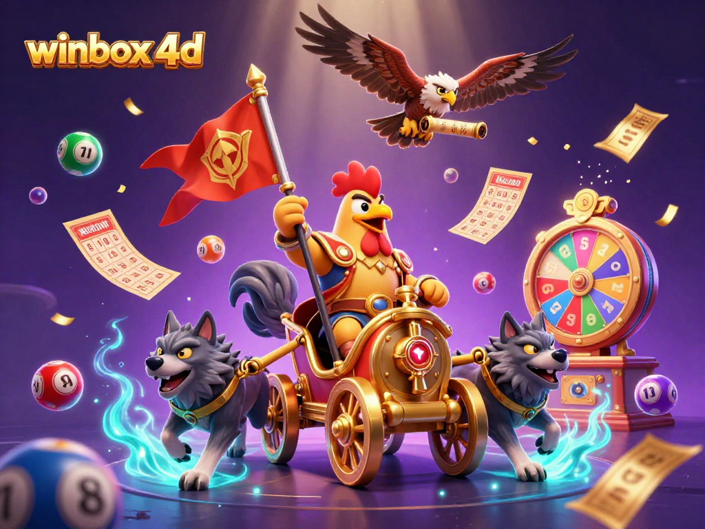 Winbox 4D immersive lottery scene with vibrant balls and golden prizes, creating thrilling gambling magic.