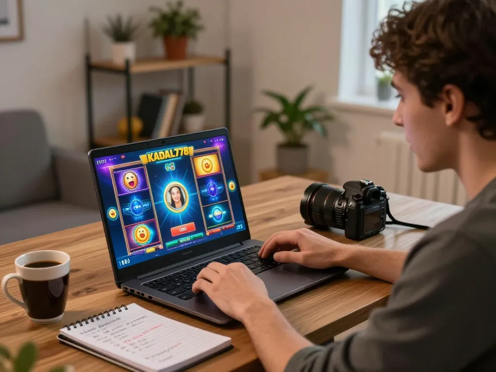 KADAL778 player immersed in exciting slot game on a laptop within a cozy gaming nook.