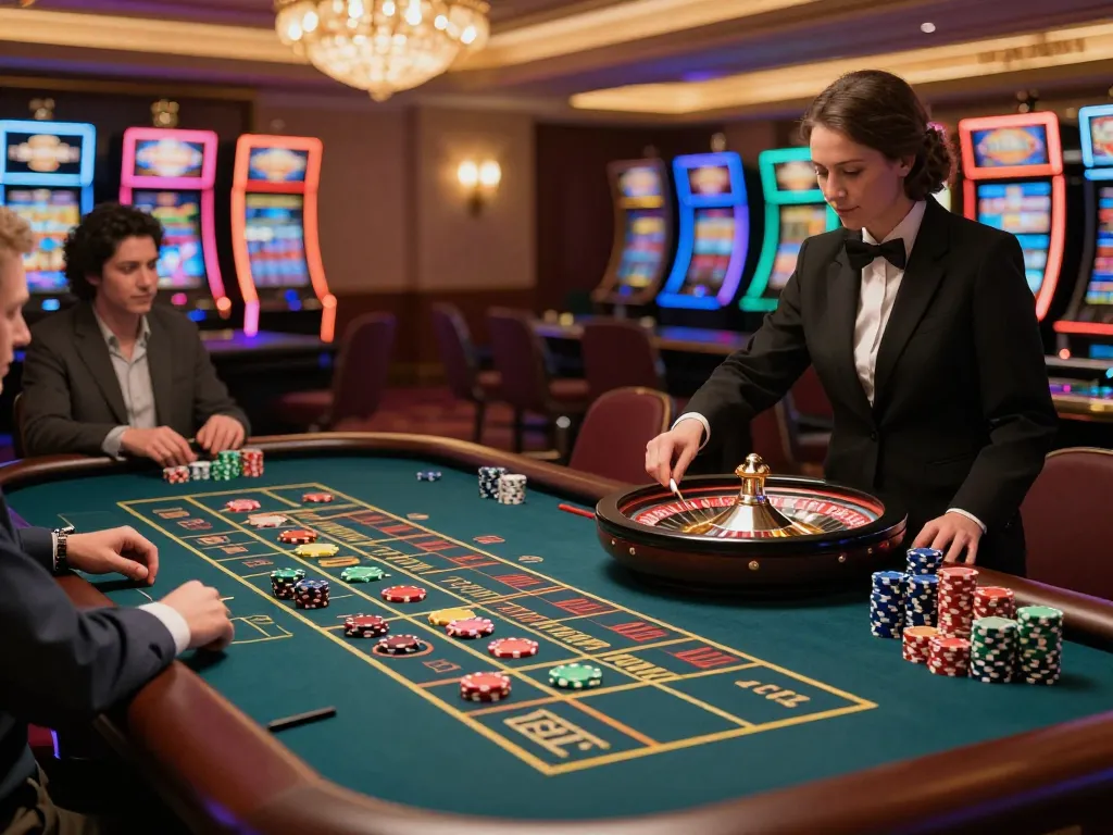 Seorang pemain menikmati aksi roulette yang mendebarkan di aman788, menampilkan chip berwarna-warni dan croupier yang fokus.