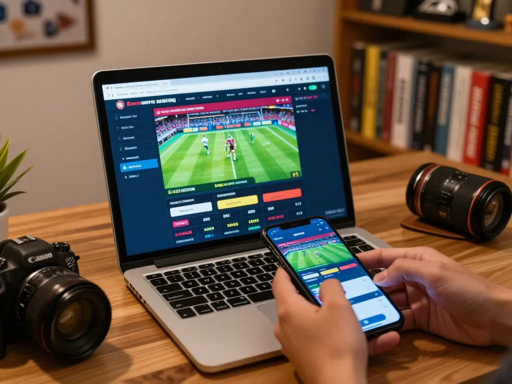 Engaging in live sports betting with 7m odds displayed on laptop and smartphone in cozy home
