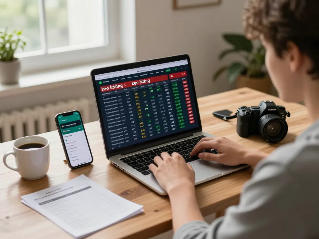 Engaged user analyzing kèo bóng đá odds on laptop, showcasing responsible gambling environment.