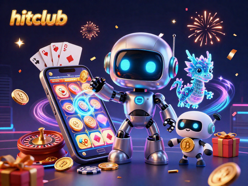 Experience thrilling wins with hitclub in this vibrant 3D casino scene featuring neon robots and slot games.