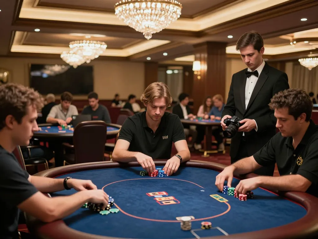 Players engaged at SC88e poker table in luxurious casino setting, chips and cards at the ready.