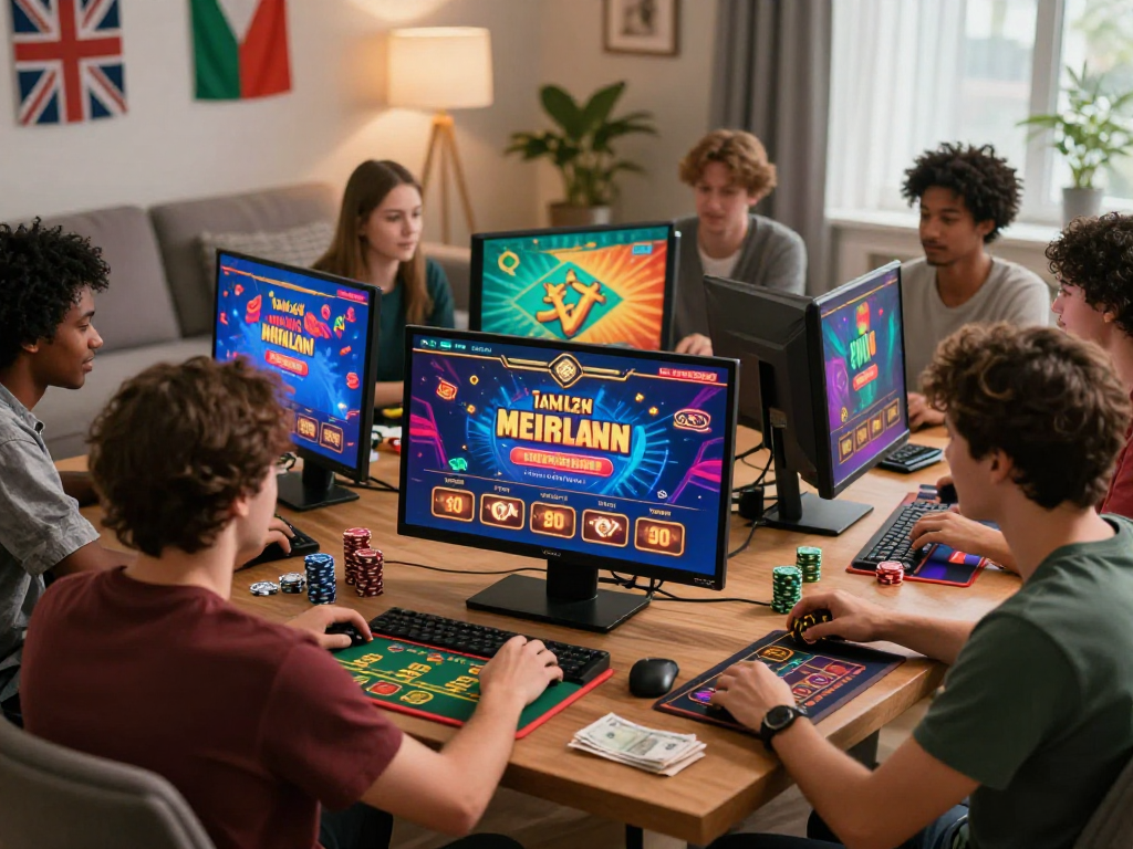 Engaging casino non uk experience with diverse players enjoying online games at home, vibrant atmosphere.