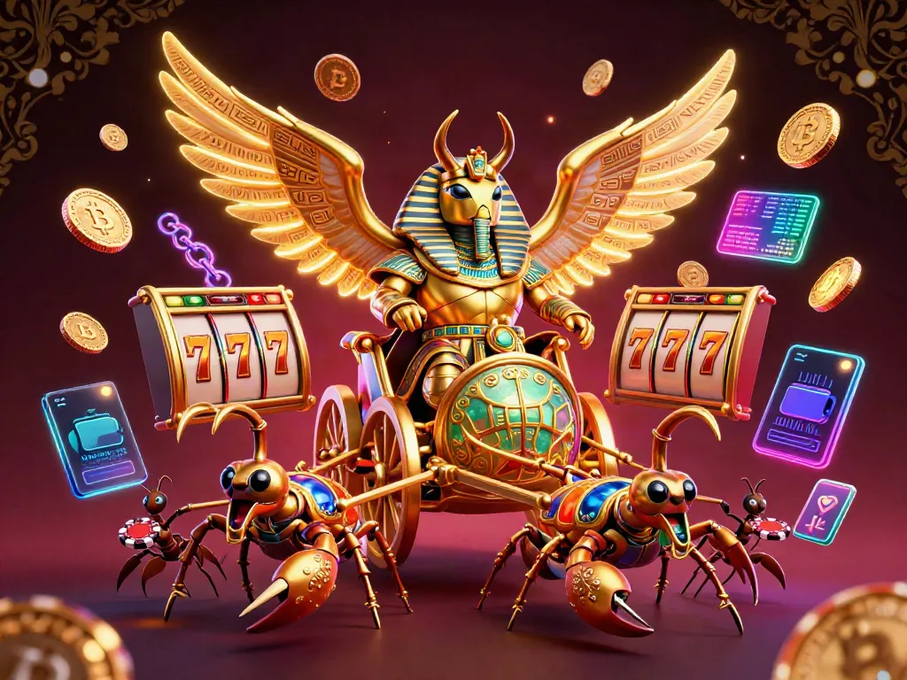 Catch the thrilling sunwin experience with a golden scarab and vibrant slot machines amidst a dynamic casino scene.