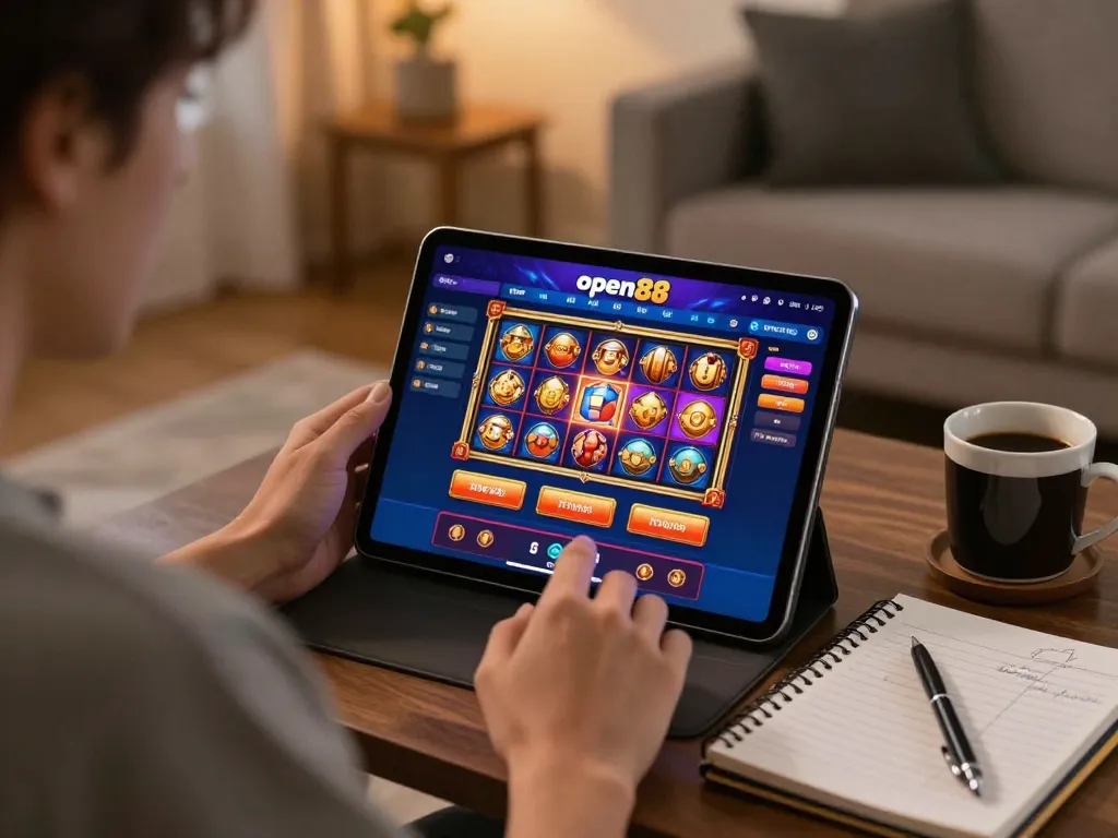 Engaging online casino gameplay on open88 com tablet with colorful graphics and strategy notes