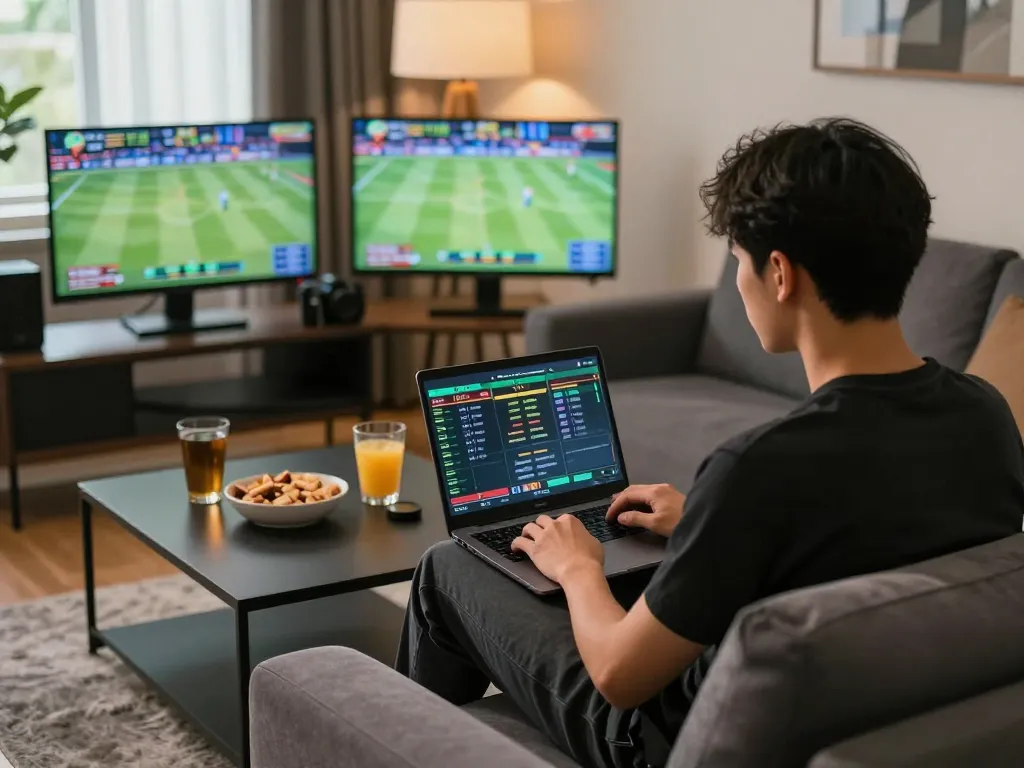 Engaging with kèo nhà cái during an intense sports betting session at home.