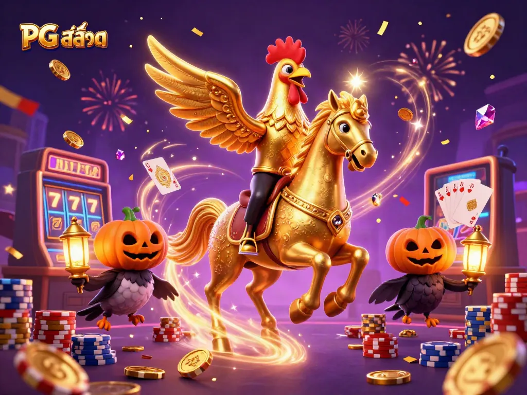 Win big with thrilling PG สล็อต gameplay illustrated through a golden rooster and friends in a casino scene.
