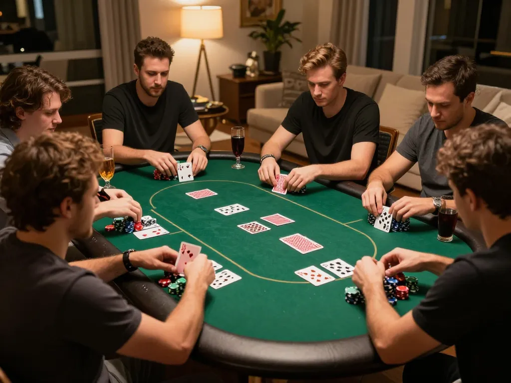 Friends enjoying an engaging poker night, showcasing CF68's online gambling experience in a cozy setting.