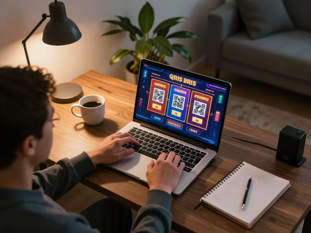 Engaging gameplay on slot qris platform in a cozy home setting with laptop and notes.
