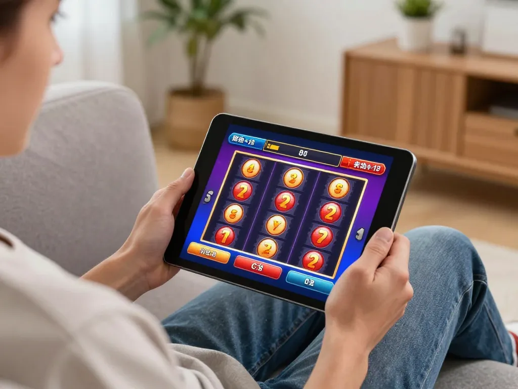 du88 player enjoying slots on tablet in a cozy living room, showcasing engaging online gaming experience