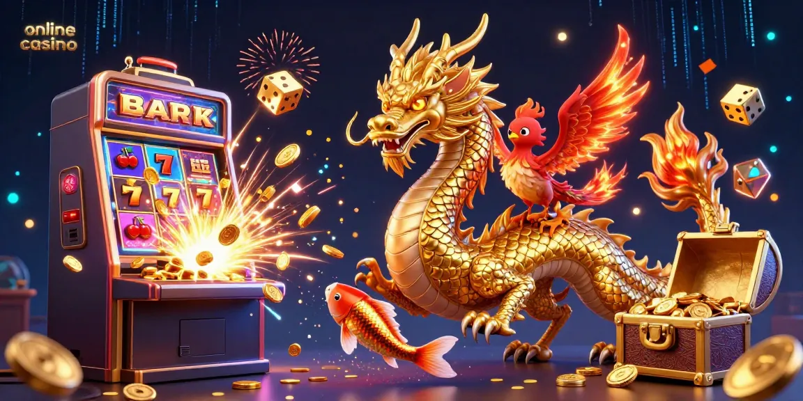 Experience the excitement of an online casino with vibrant elements like a fierce dragon and bursting slot machine.