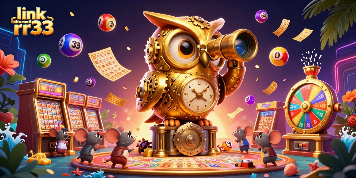 Engage with link alternatif rr33 in a vibrant casino setting featuring a golden owl and animated lottery elements.