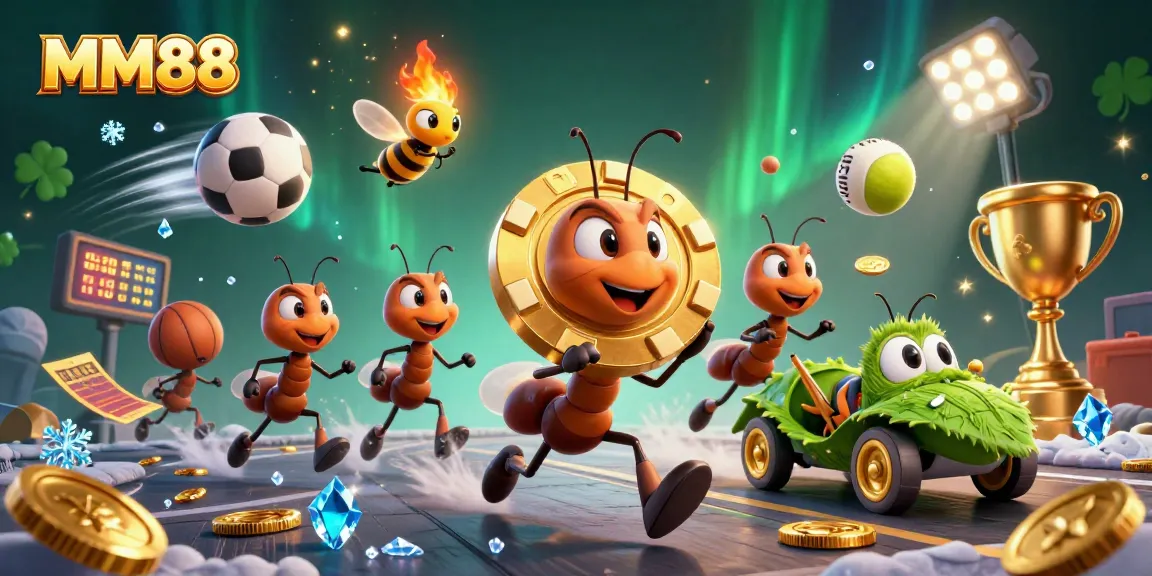 MM88 ants execute a heist for a giant poker chip in vibrant 3D casino scene.