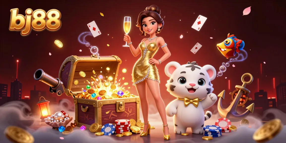 Experience thrilling gaming adventures with bj88, featuring a glamorous woman and a lucky tiger in a vibrant casino scene.