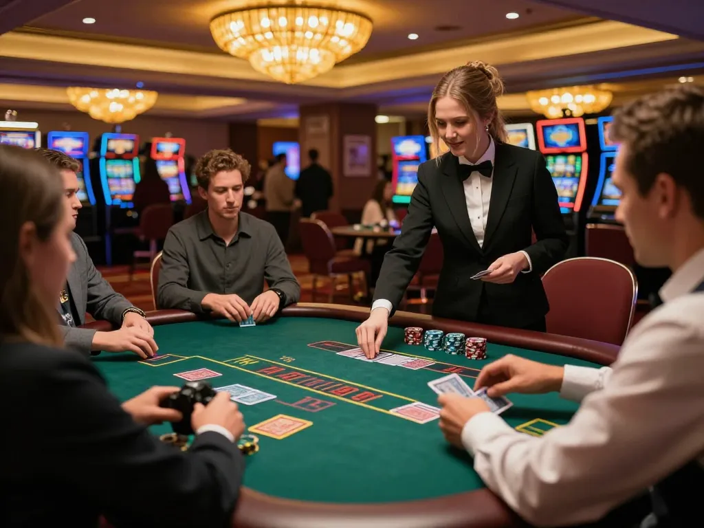 Players strategizing at an n188 blackjack table amidst vibrant casino atmosphere.
