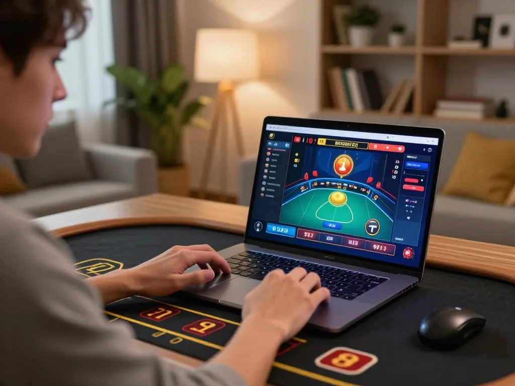 Engaging in online casino gaming at Jun88, showcasing a live dealer game interface and responsible gaming tools in a stylish home.