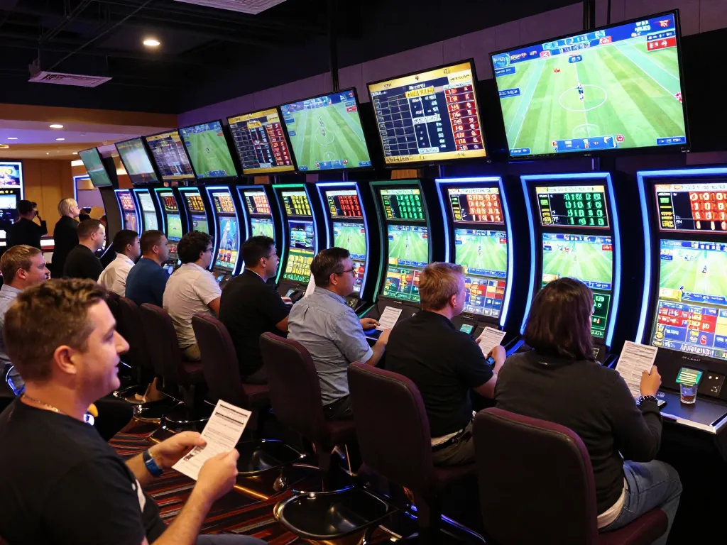 KÈO TRỰC TUYẾN sports betting scene with excited patrons checking live odds on large screens