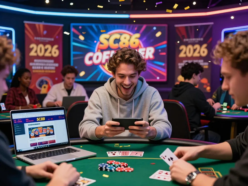 Exciting scene of players celebrating wins on SC88 online gaming platform, showcasing dynamic interactions and festive atmosphere.