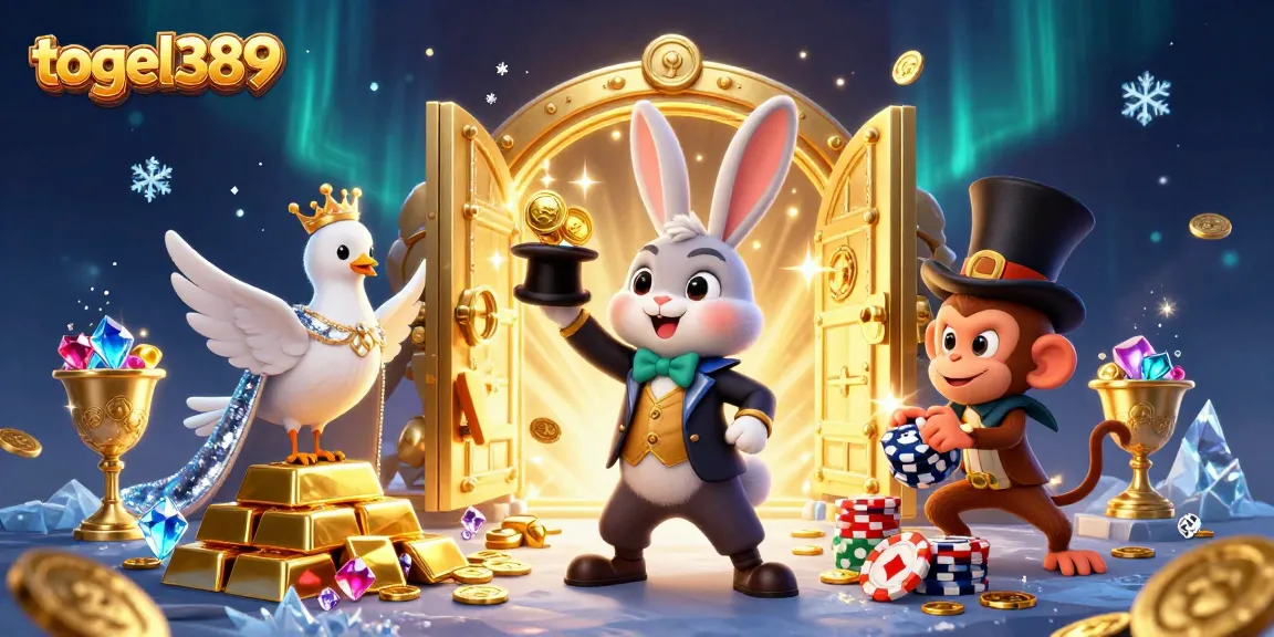 Experience the thrill of togel389 with a magical rabbit pulling coins in a vibrant casino scene.