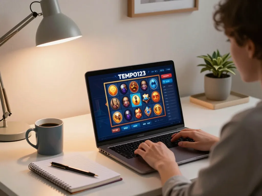 Engaging in Tempo123 Slot gameplay at home, showcasing strategic betting and comfortable environment.