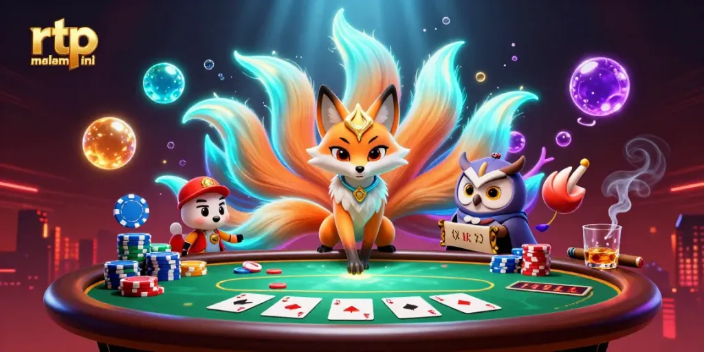 Experience winning strategies with rtp malam ini illustrated by vibrant casino elements and characters.