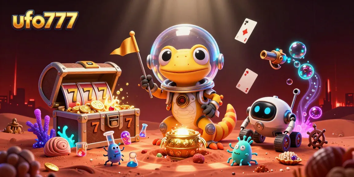 Experience the thrilling adventure of ufo777 featuring a Martian gecko discovering a golden casino amidst vibrant game elements.