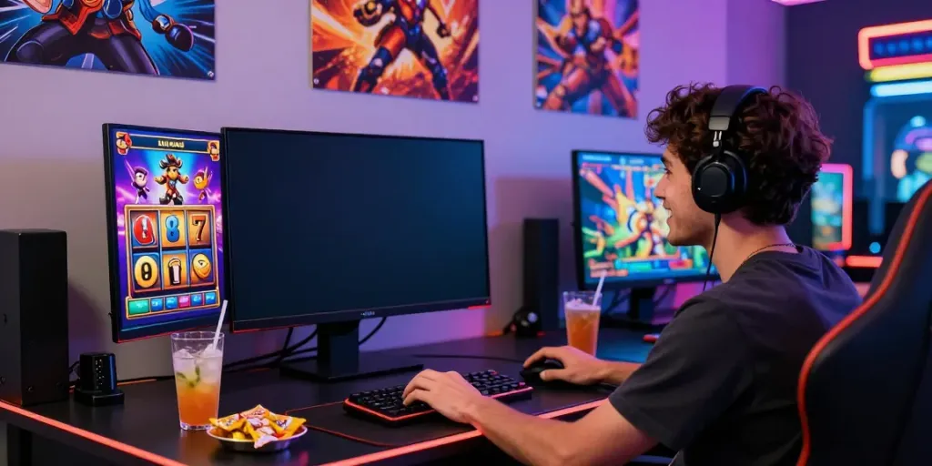 Player enjoying an akunjp slot game surrounded by vibrant gaming decor