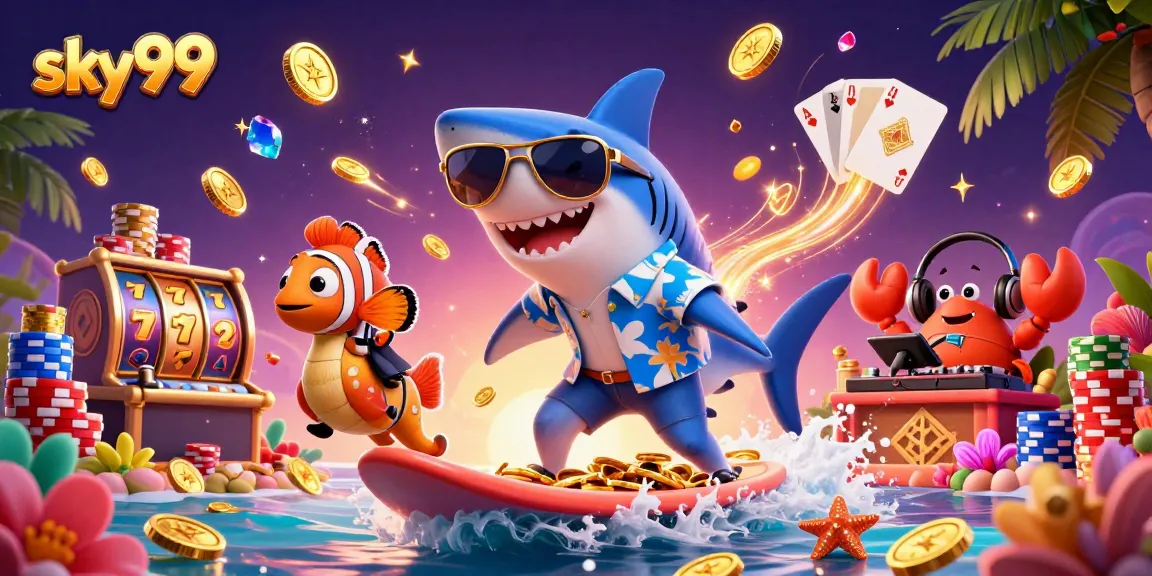Platform Sky99 menampilkan hiu berselancar di atas koin emas dengan elemen kasino dalam suasana bawah laut yang meriah.