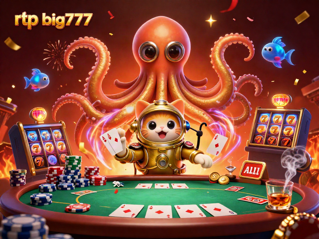 Rasakan keseruan rtp big777 di kasino virtual dengan ilustrasi kraken dan karakter unik.