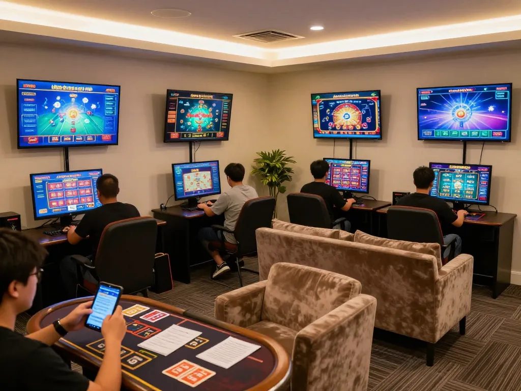 Pemain Dewi89 terlibat dengan permainan kasino online di beberapa layar dalam lingkungan bermain yang hidup.