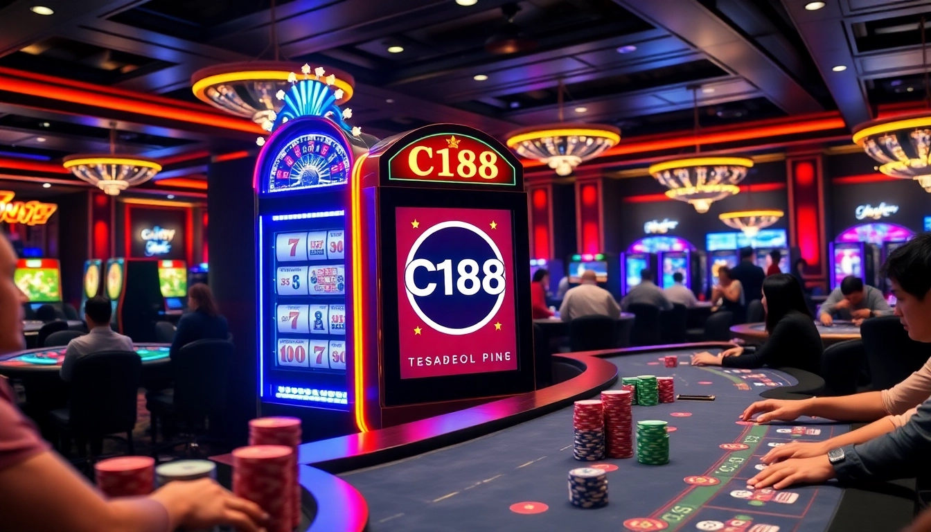 Experience a thrilling moment at C168's casino with slot machines and poker tables.