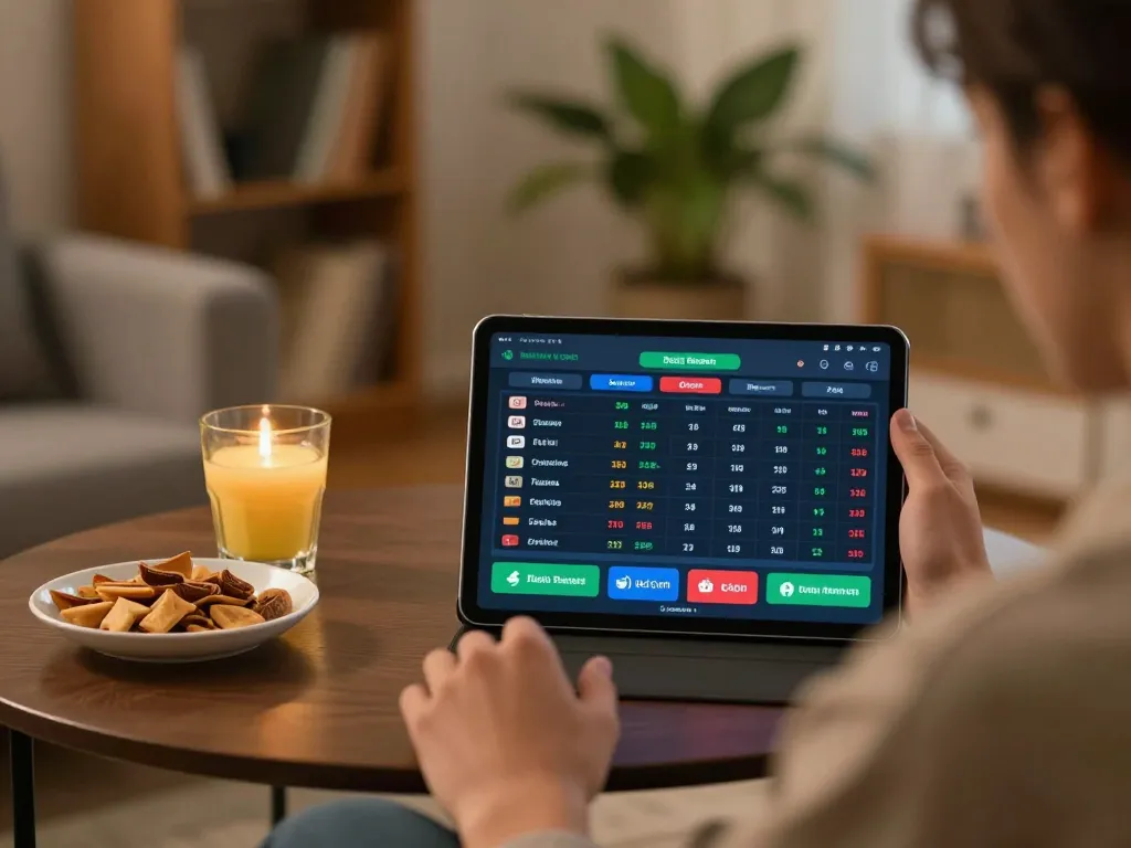 Person engaging in sports betting on a tablet, showcasing trangcacuocbongda interface and live odds
