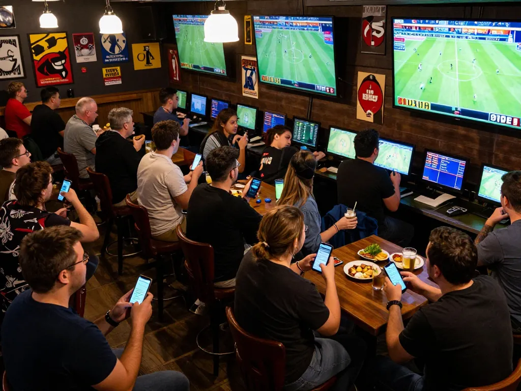 Kèo nhà cái 88 dominates the sports betting scene with excited patrons checking odds on their smartphones in a lively bar atmosphere.