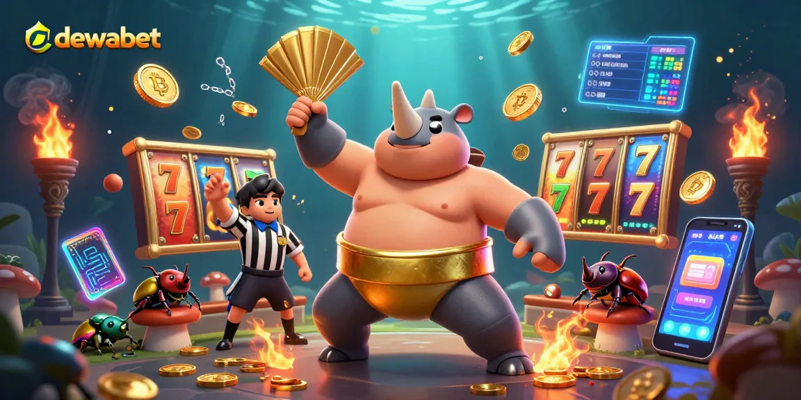 Dewabet hadir dengan ilustrasi menarik dari juara sumo kumbang badak dan elemen game menarik lainnya.