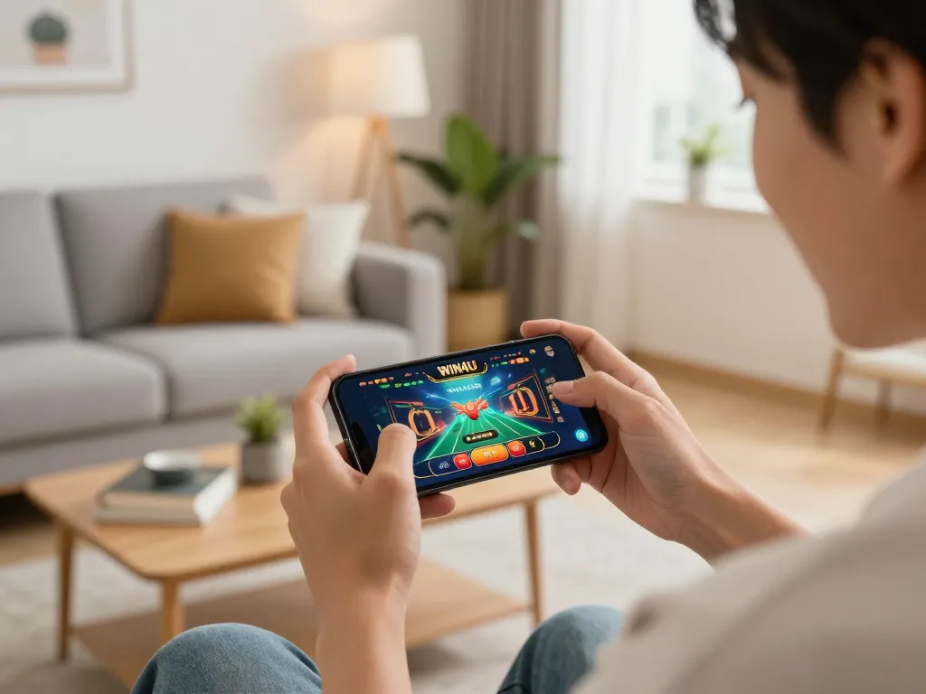 Enjoying mobile gaming on the WIN4U app in a cozy living space