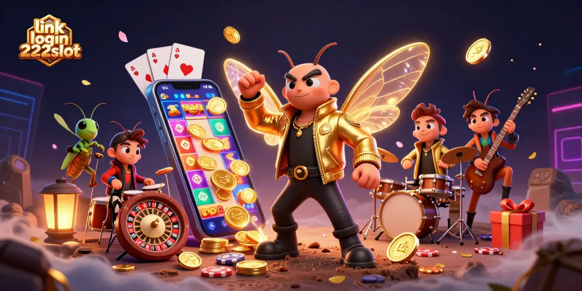 Menang dengan link login 222slot di kasino online, menggambarkan cicada rock star dan elemen permainan.
